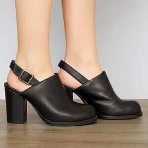 Vintage 90's Y2K Black Leather Chunky Mule Stacked Heel Buckle Strap 8.5 Shoes